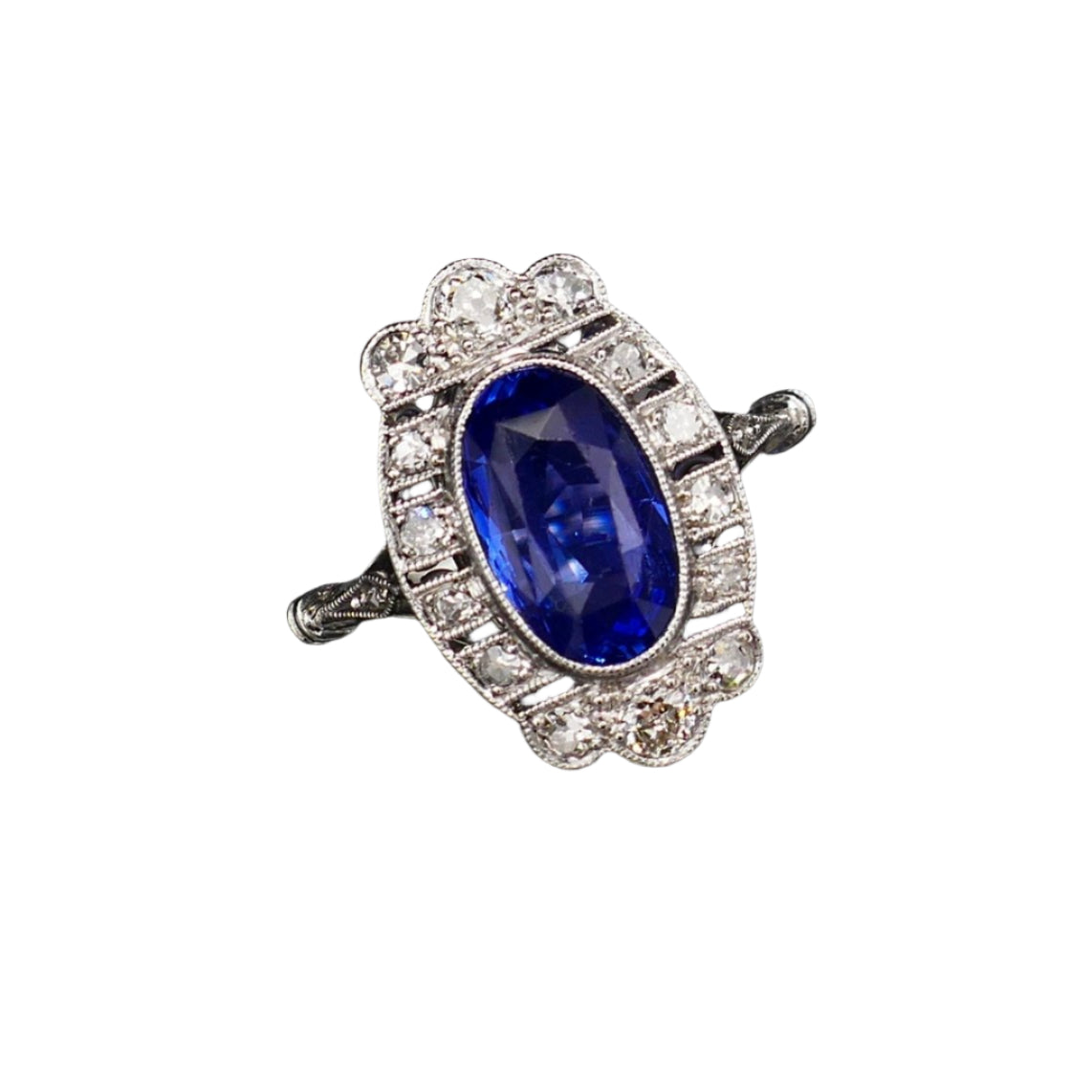 Bague Art Déco Saphir Naturel Non Chauffé Et Diamants, Certificat. - Castafiore