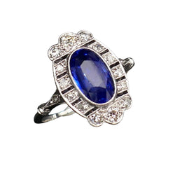 Bague Art Déco Saphir Naturel Non Chauffé Et Diamants, Certificat. - Castafiore