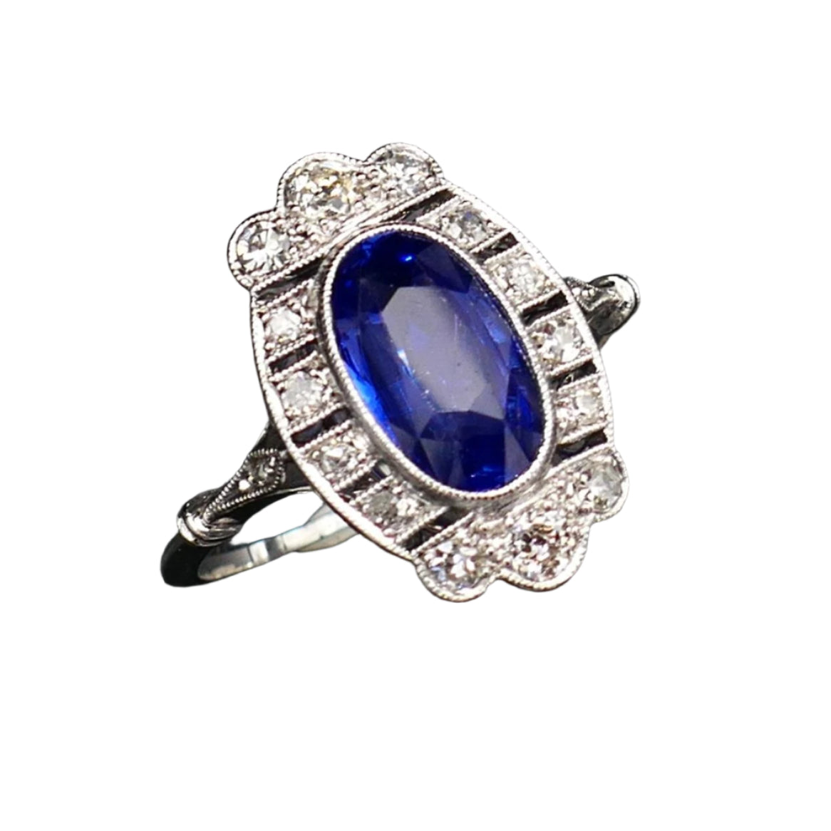 Bague Art Déco Saphir Naturel Non Chauffé Et Diamants, Certificat. - Castafiore