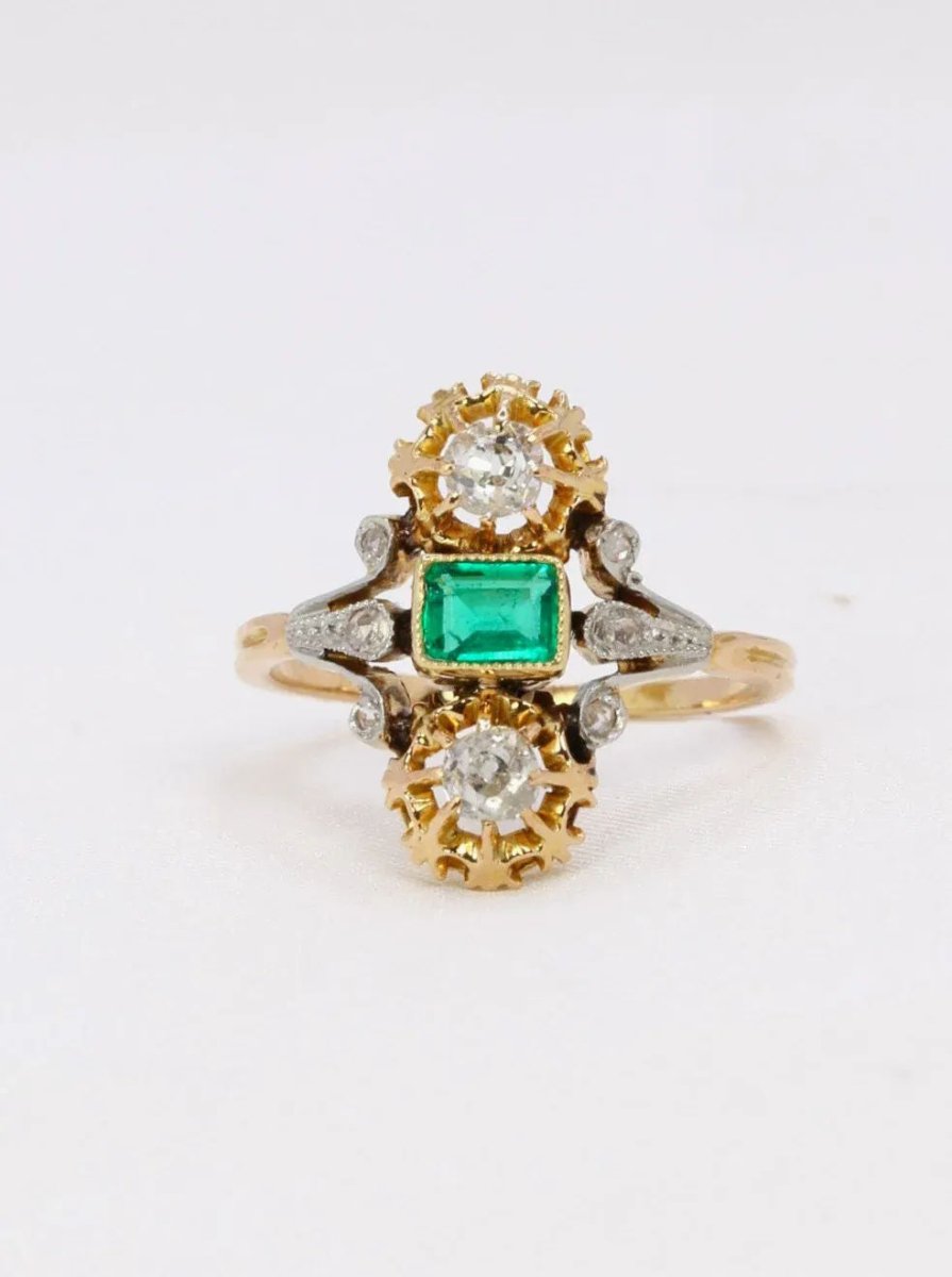 Bague Art Nouveau émeraude diamants - Castafiore
