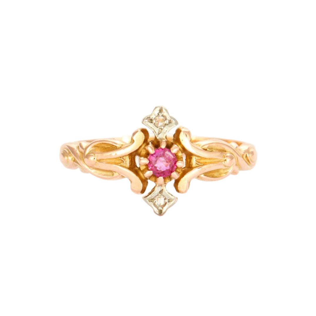 Bague Art Nouveau en or rose et platine avec rubis et diamants - Castafiore