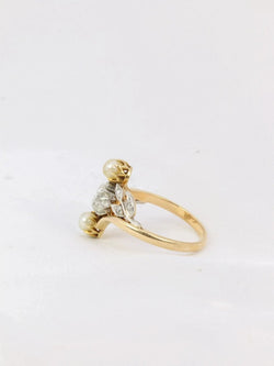 Bague Art Nouveau or diamants taille ancienne perles crème - Castafiore