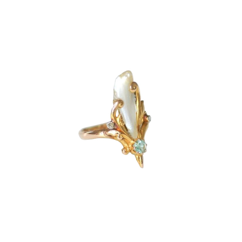 Bague Art Nouveau Perle Fine Baroque Emeraude et Diamants - Castafiore