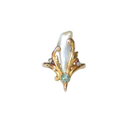 Bague Art Nouveau Perle Fine Baroque Emeraude et Diamants - Castafiore