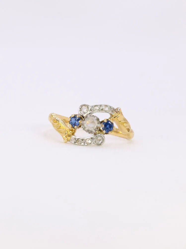 Bague Art Nouveau trilogie or jaune saphir diamants - Castafiore