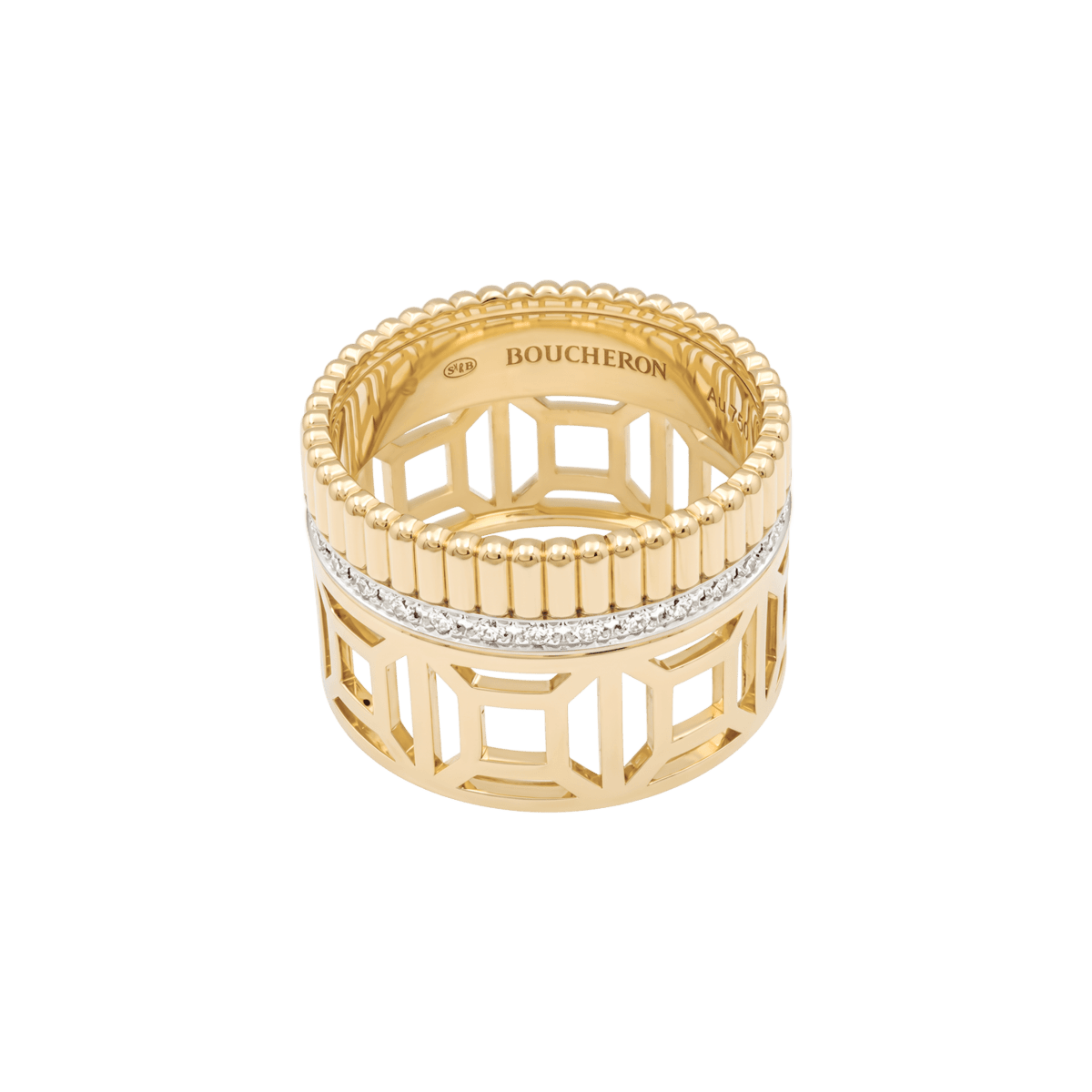 Bague Bandeau BOUCHERON "Quatre Radiat Edition Ajourée" en or blanc, or jaune et diamants - Castafiore