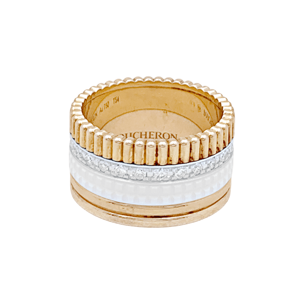 Bague Bandeau BOUCHERON "Quatre White Edition" en or jaune, or blanc, or rose, céramique et diamants - Castafiore