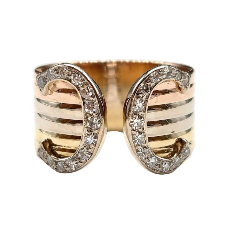 Bague Bandeau CARTIER "C de Cartier" en or blanc, or jaune, or rose et diamants - Castafiore