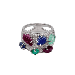 Bague Bandeau en or blanc, émeraudes, rubis, saphirs et diamants - Castafiore