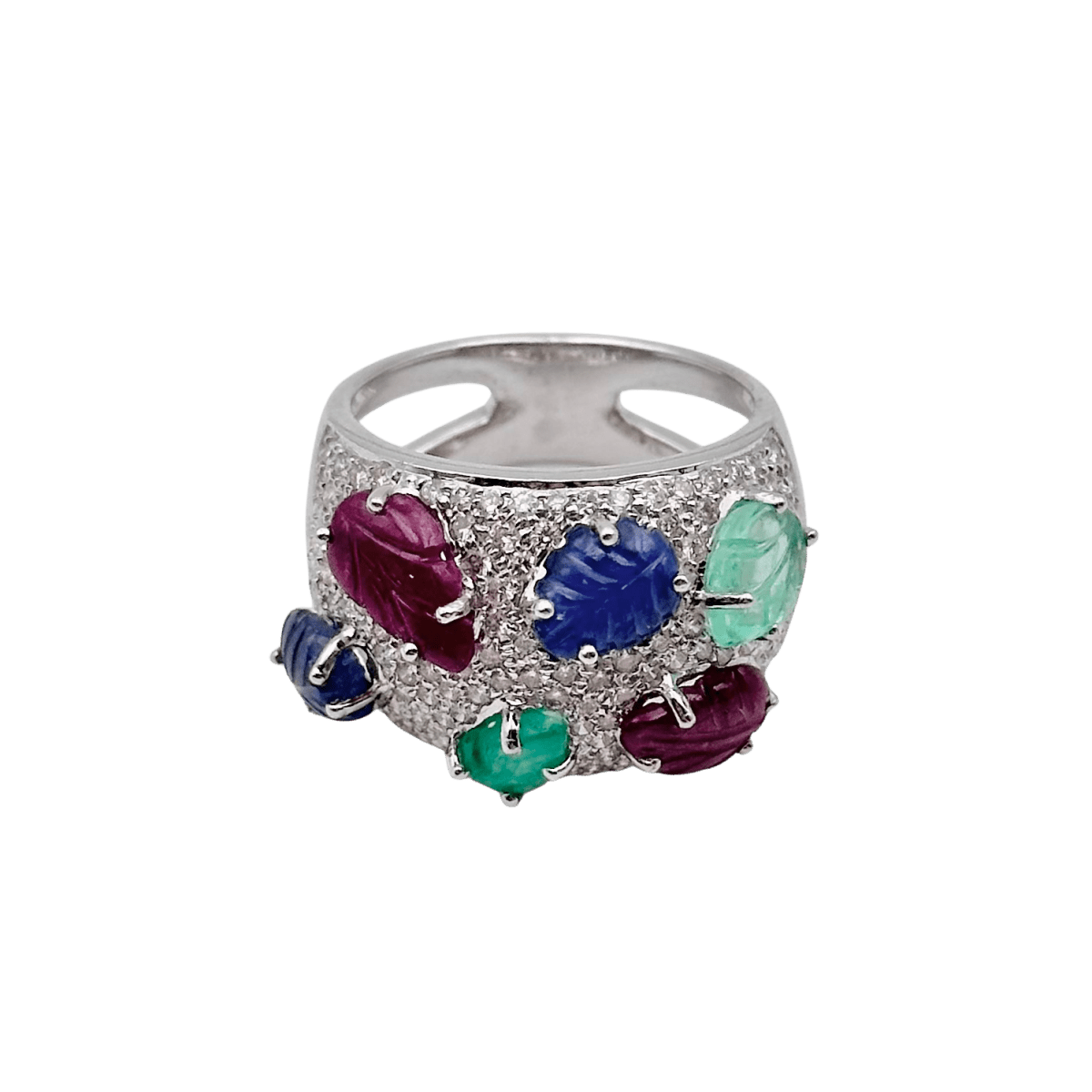 Bague Bandeau en or blanc, émeraudes, rubis, saphirs et diamants - Castafiore