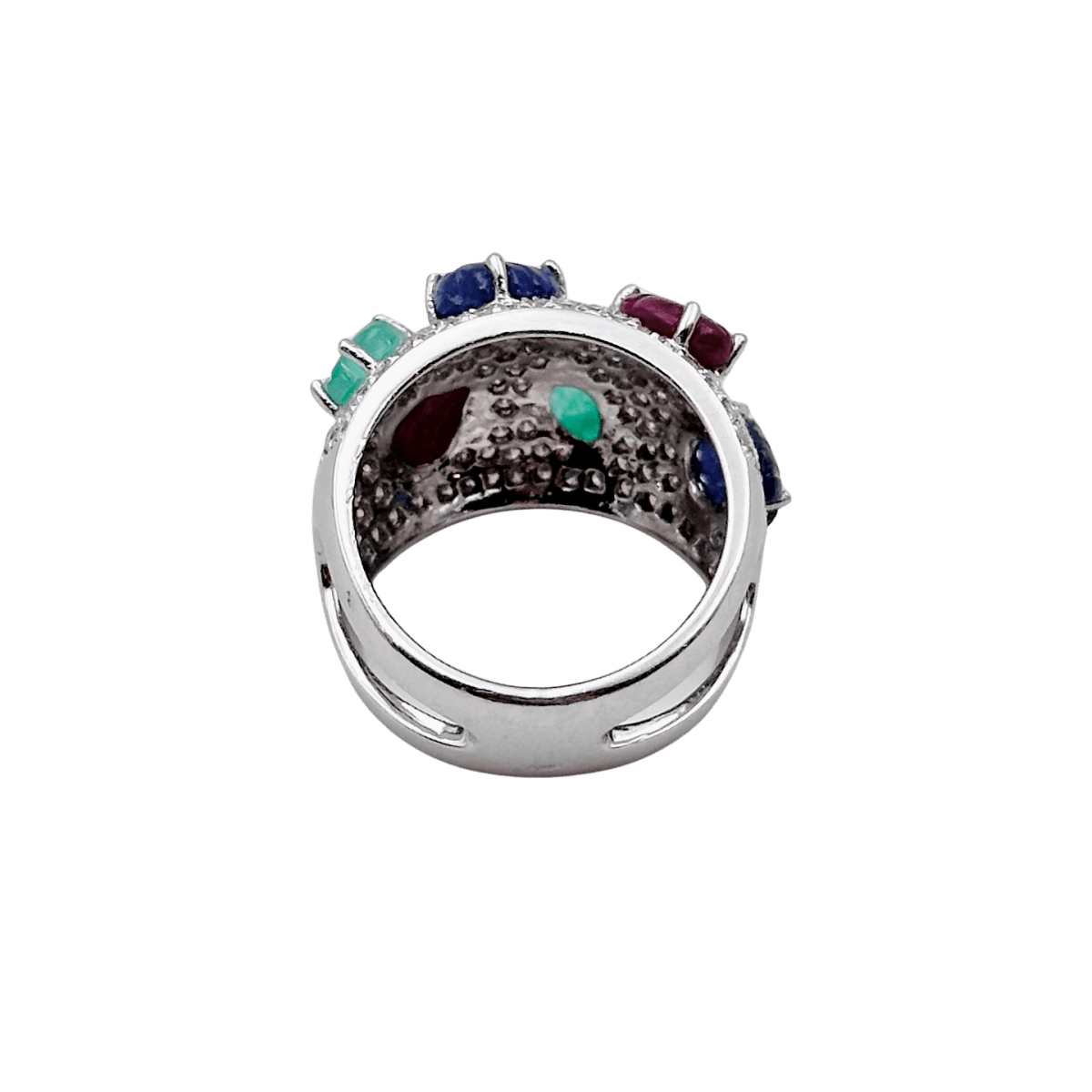 Bague Bandeau en or blanc, émeraudes, rubis, saphirs et diamants - Castafiore