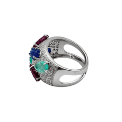 Bague Bandeau en or blanc, émeraudes, rubis, saphirs et diamants - Castafiore