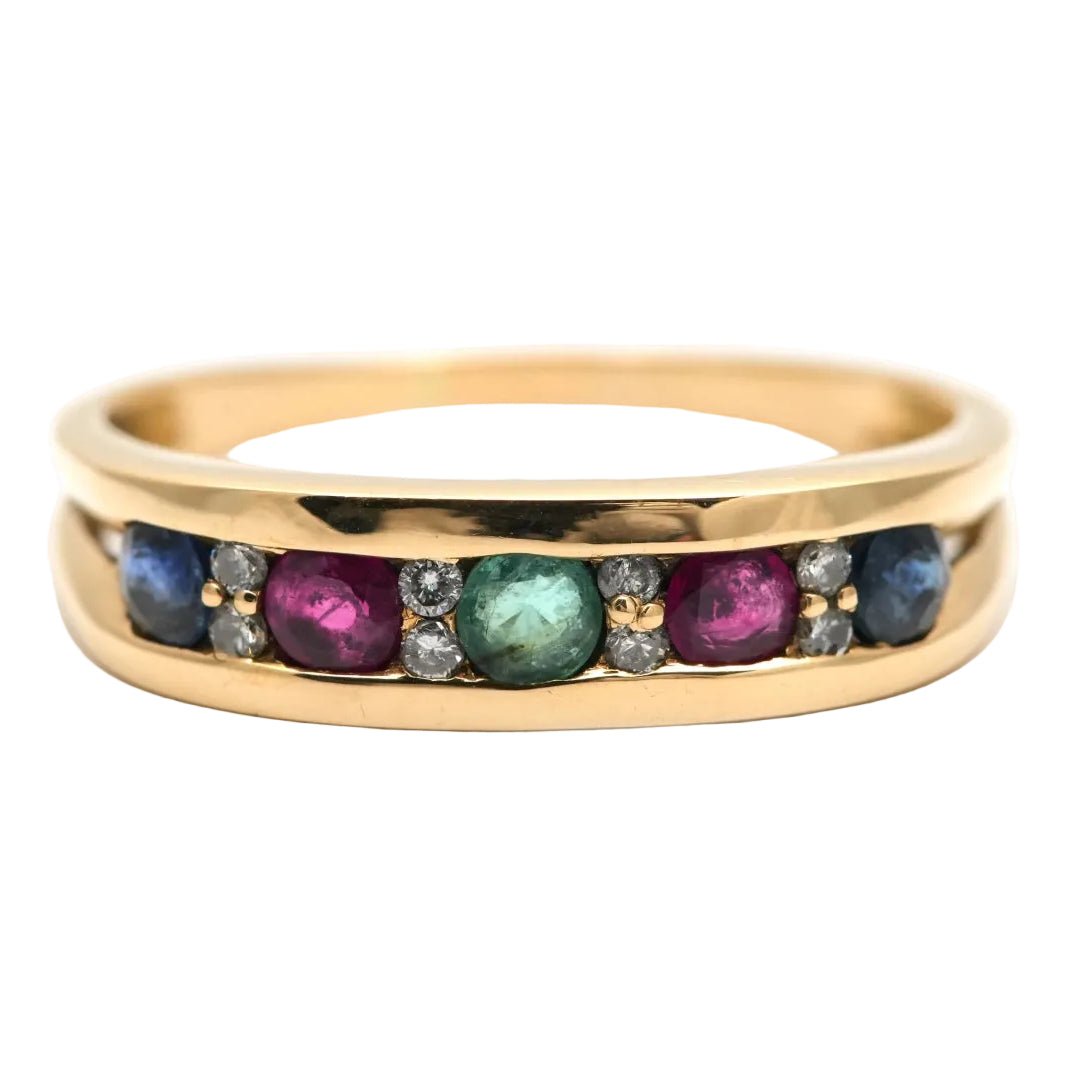 Bague Bandeau en or jaune, émeraude, rubis, saphirs et diamants - Castafiore