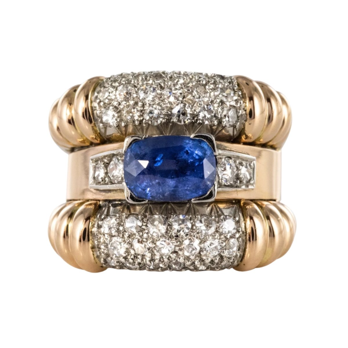 Bague Bandeau en or jaune et platine, saphir et diamants - Castafiore