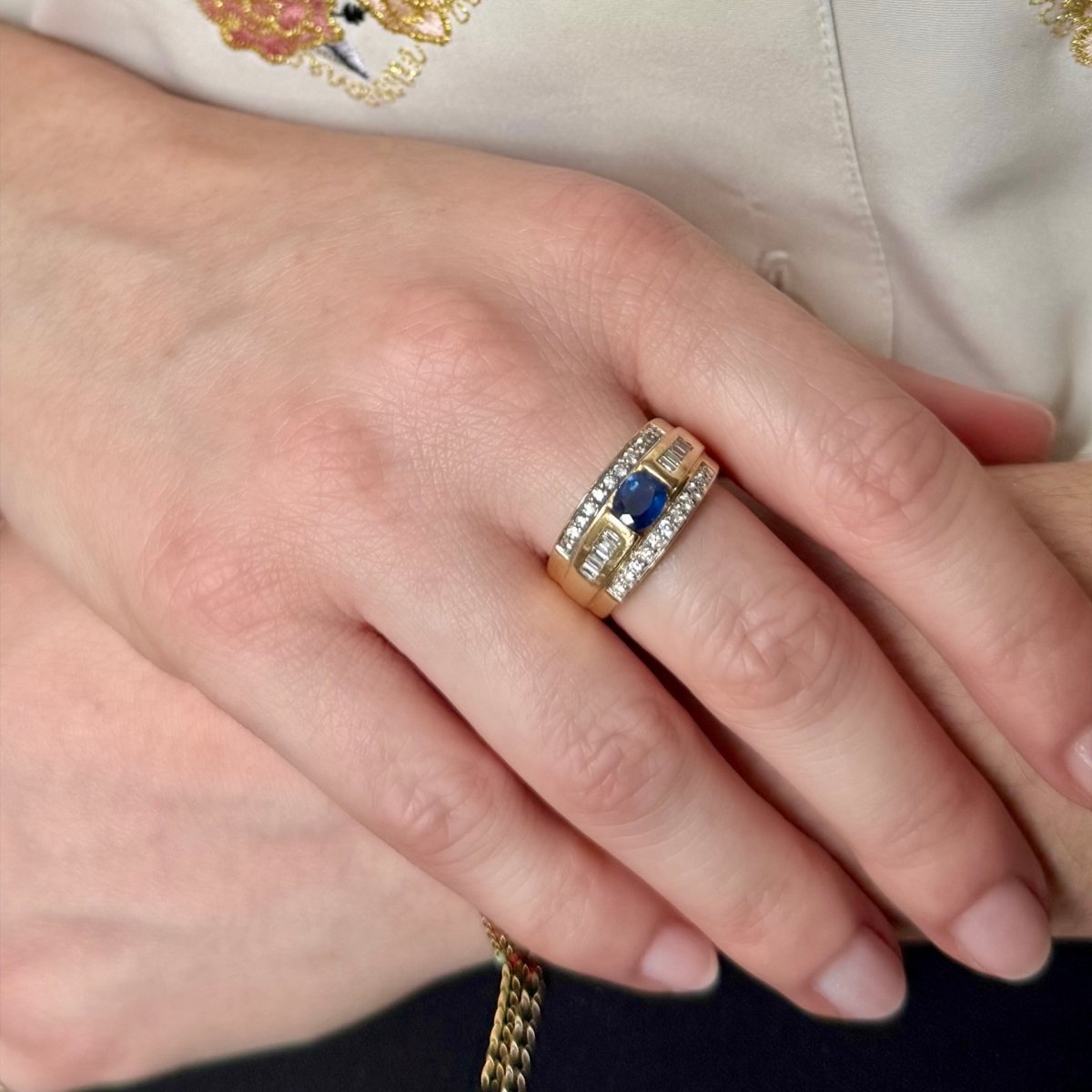 Bague Bandeau en or jaune, saphir et diamants - Castafiore
