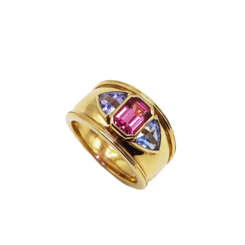 Bague Bandeau en or jaune, tourmaline rose et tanzanites - Castafiore