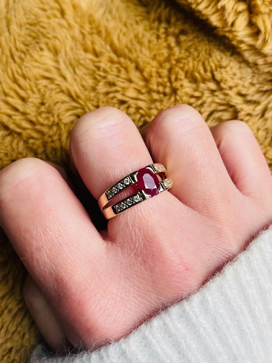 Bague Bandeau rubis diamants en or jaune