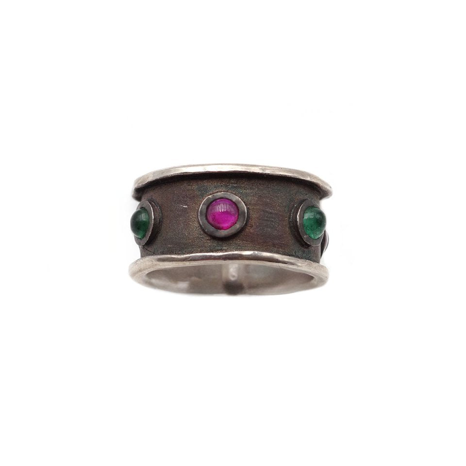 Bague bandeau rubis émeraudes en argent - Castafiore