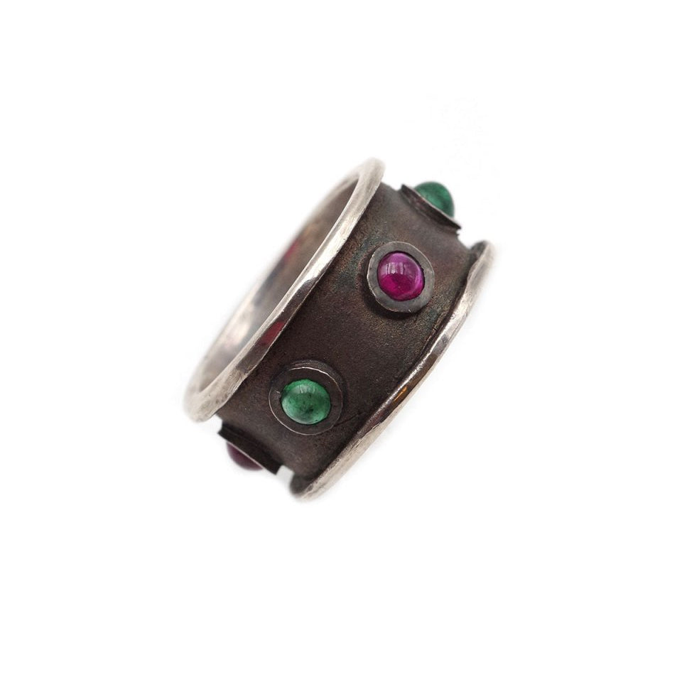 Bague bandeau rubis émeraudes en argent - Castafiore