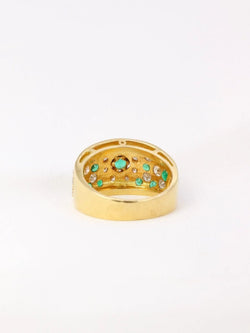 Bague bandeau vintage en or jaune, diamants et émeraudes - Castafiore