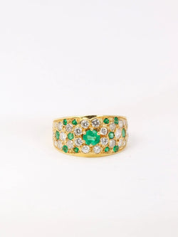 Bague bandeau vintage en or jaune, diamants et émeraudes - Castafiore