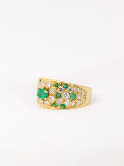 Bague bandeau vintage en or jaune, diamants et émeraudes - Castafiore