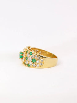 Bague bandeau vintage en or jaune, diamants et émeraudes - Castafiore