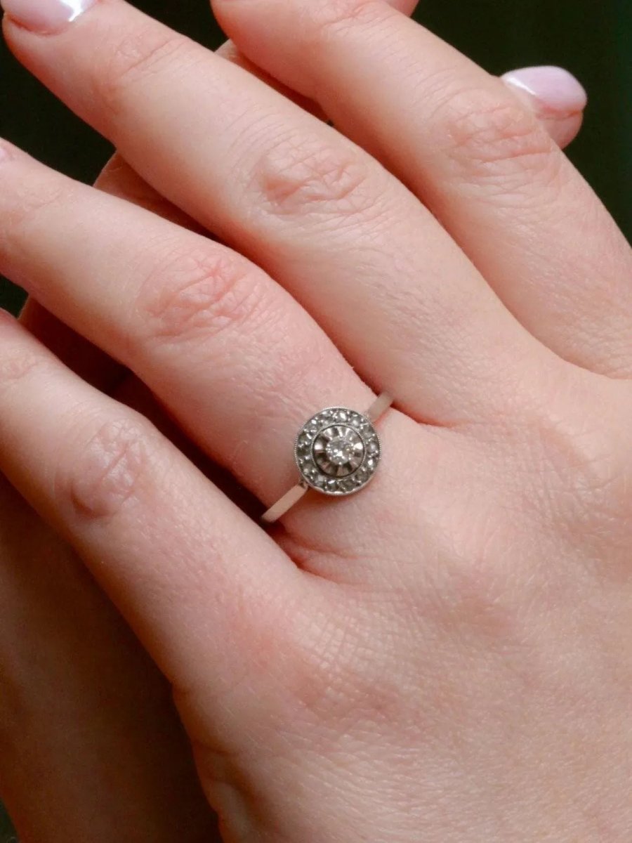 Bague Belle Epoque or platine diamants taille ancienne 0,15 ct - Castafiore