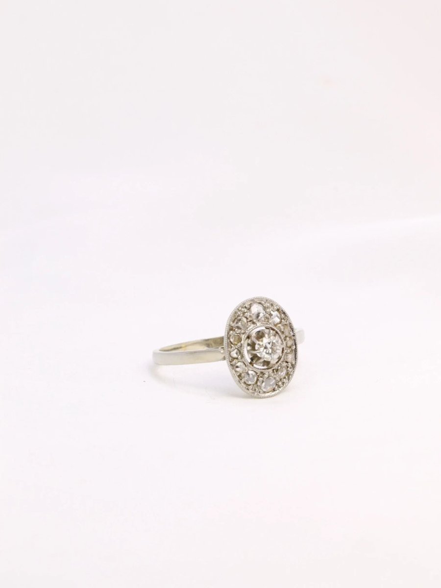 Bague Belle Epoque ovale or platine diamant 0,15 ct - Castafiore