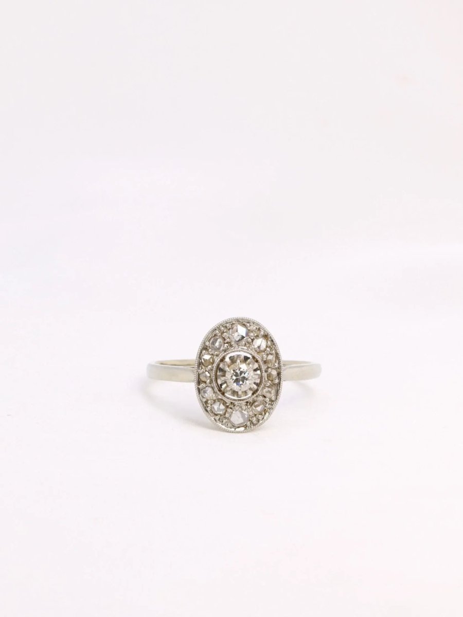 Bague Belle Epoque ovale or platine diamant 0,15 ct - Castafiore