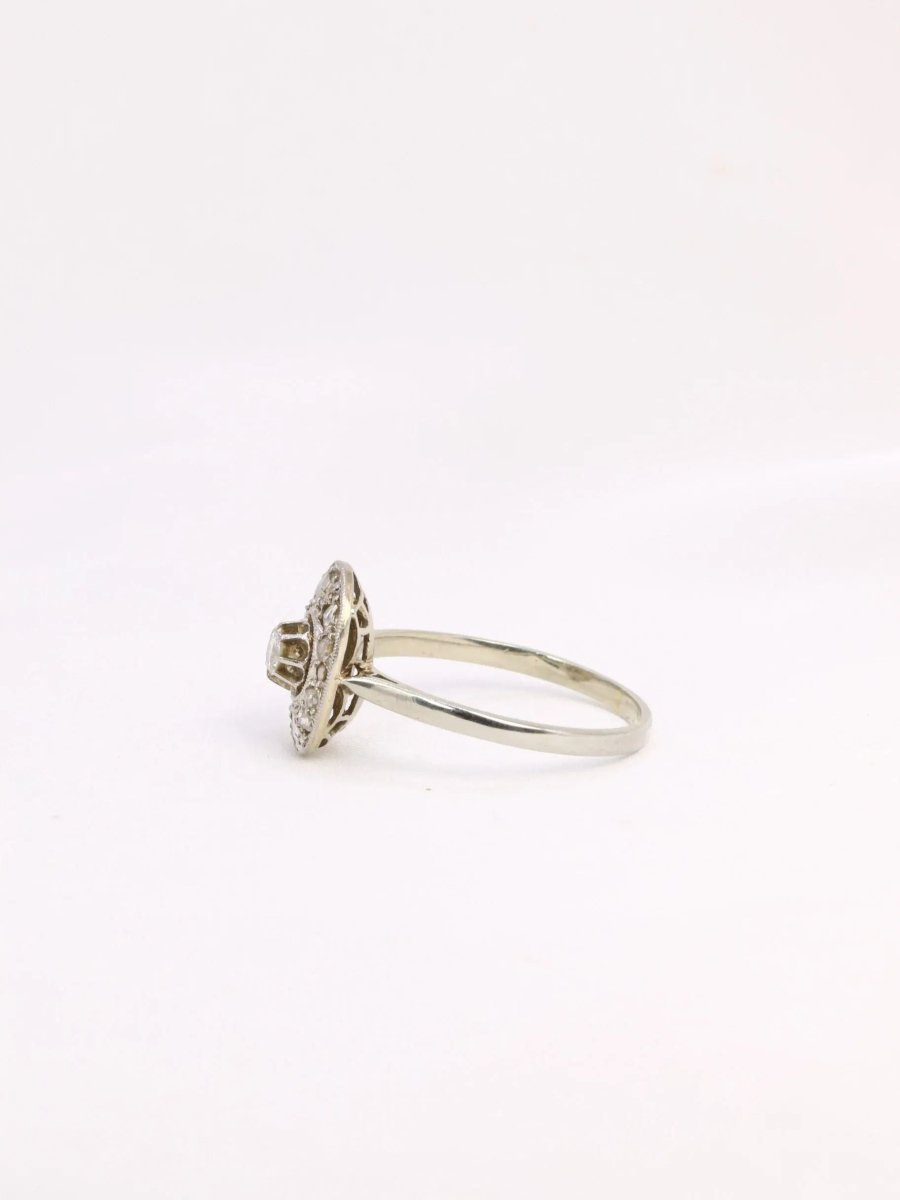 Bague Belle Epoque ovale or platine diamant 0,15 ct - Castafiore