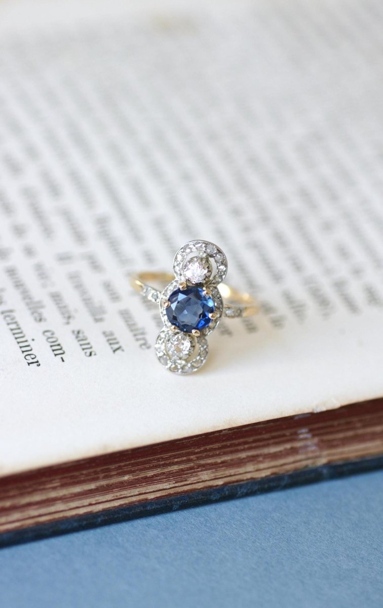 Bague Belle Epoque Saphir 1,18 Cts et Diamants - Castafiore