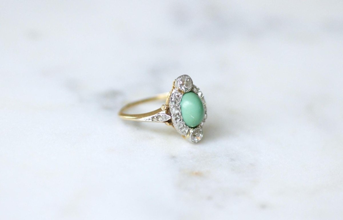 Bague Belle Epoque Turquoise Entourage Diamants - Castafiore