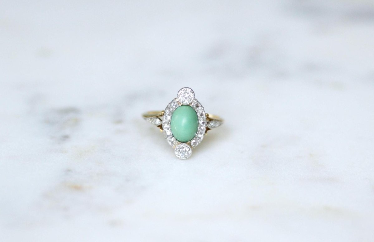 Bague Belle Epoque Turquoise Entourage Diamants - Castafiore