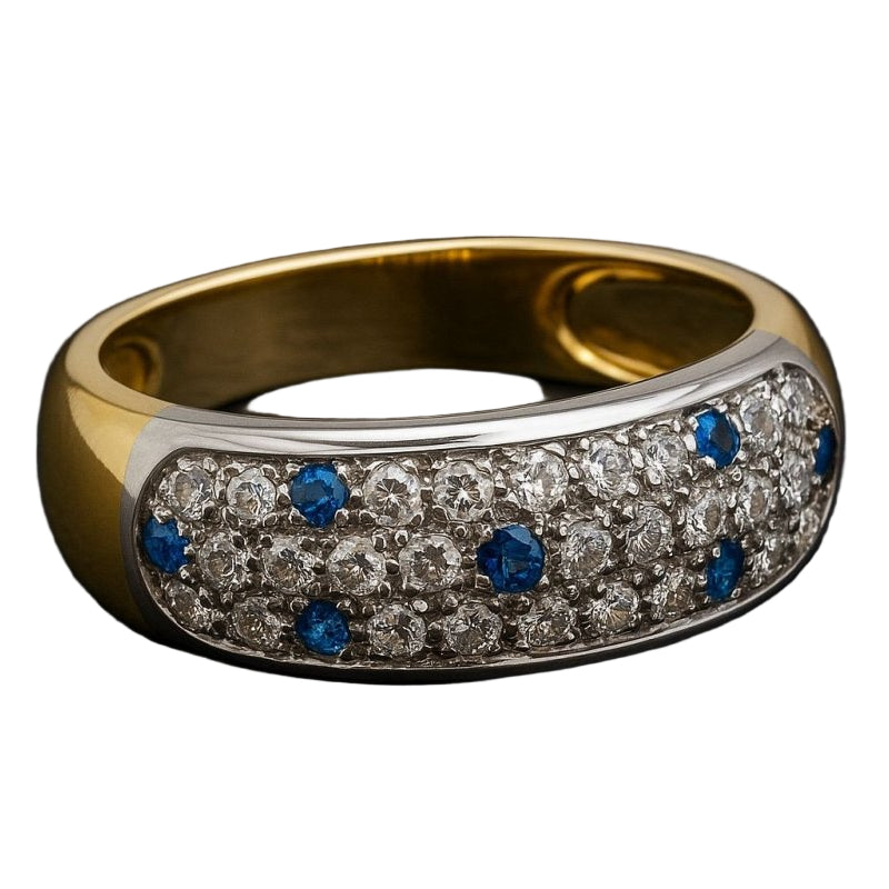 ANILLO BICOLOR EN ORO AMARILLO Y BLANCO, CON ZAFIROS Y DIAMANTES