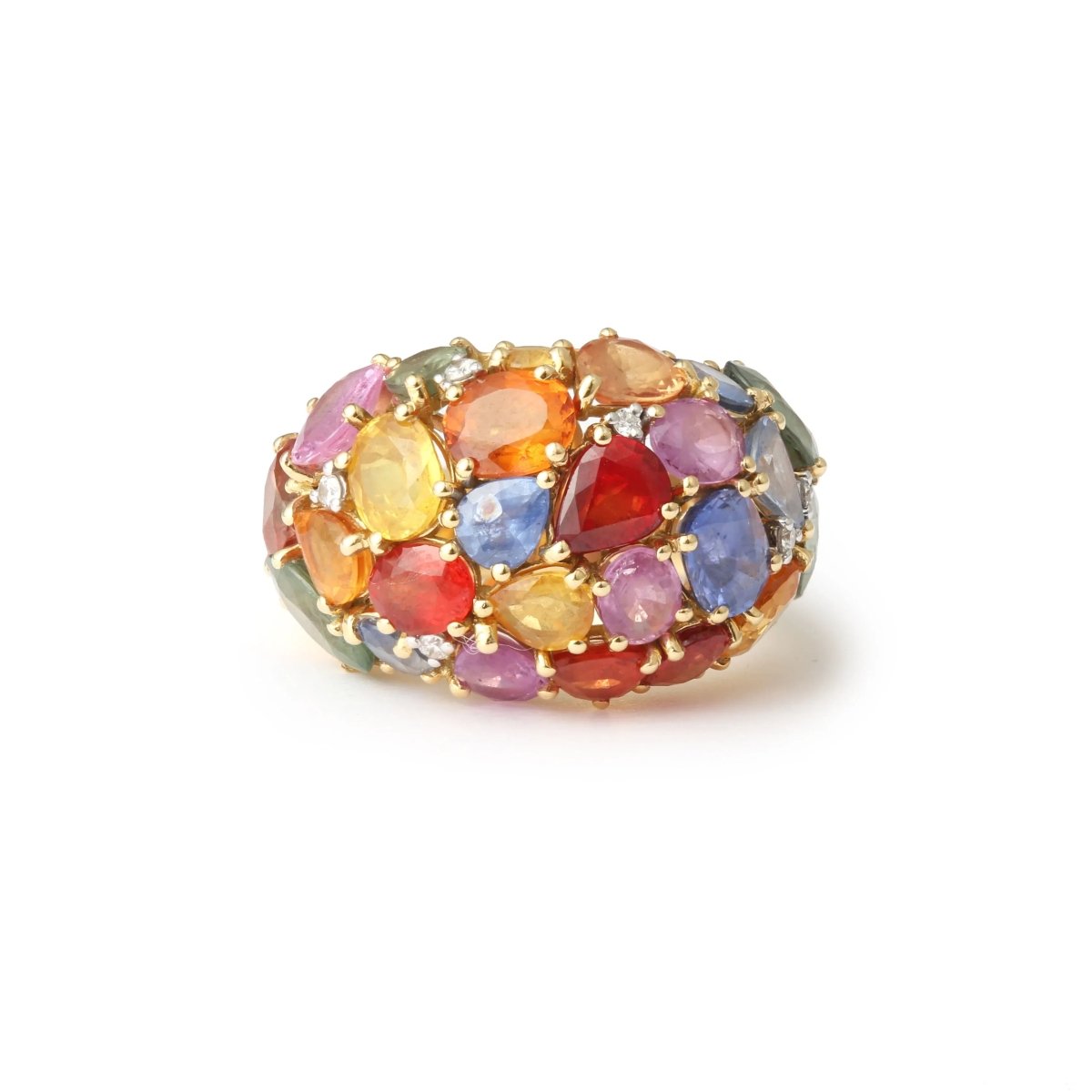 Bague Bombée Saphirs Multicolore 6 carats Diamants Or Jaune 18 Carats - Castafiore