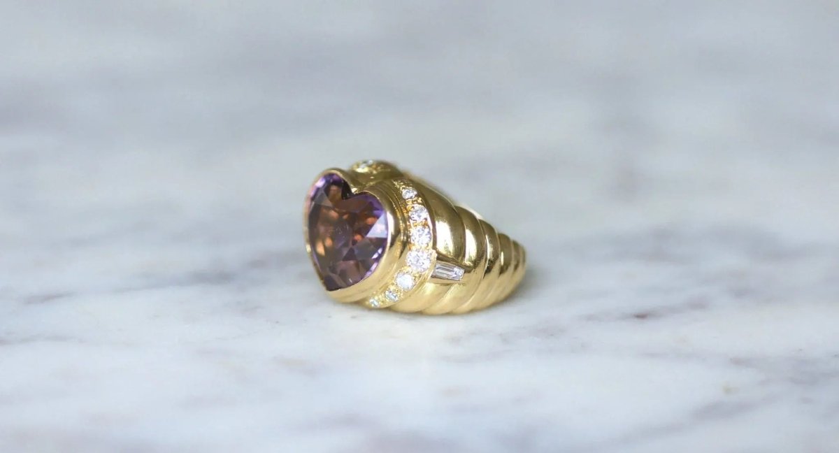 Bague Boule Coeur Améthyste et Diamants sur Or Jaune - Castafiore