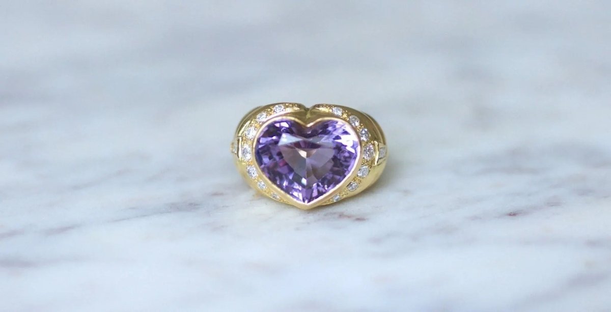 Bague Boule Coeur Améthyste et Diamants sur Or Jaune - Castafiore