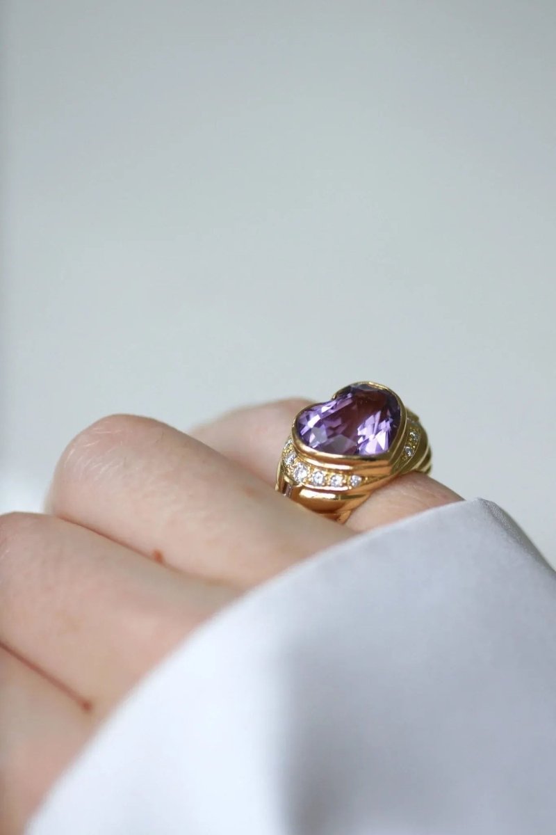 Bague Boule Coeur Améthyste et Diamants sur Or Jaune - Castafiore