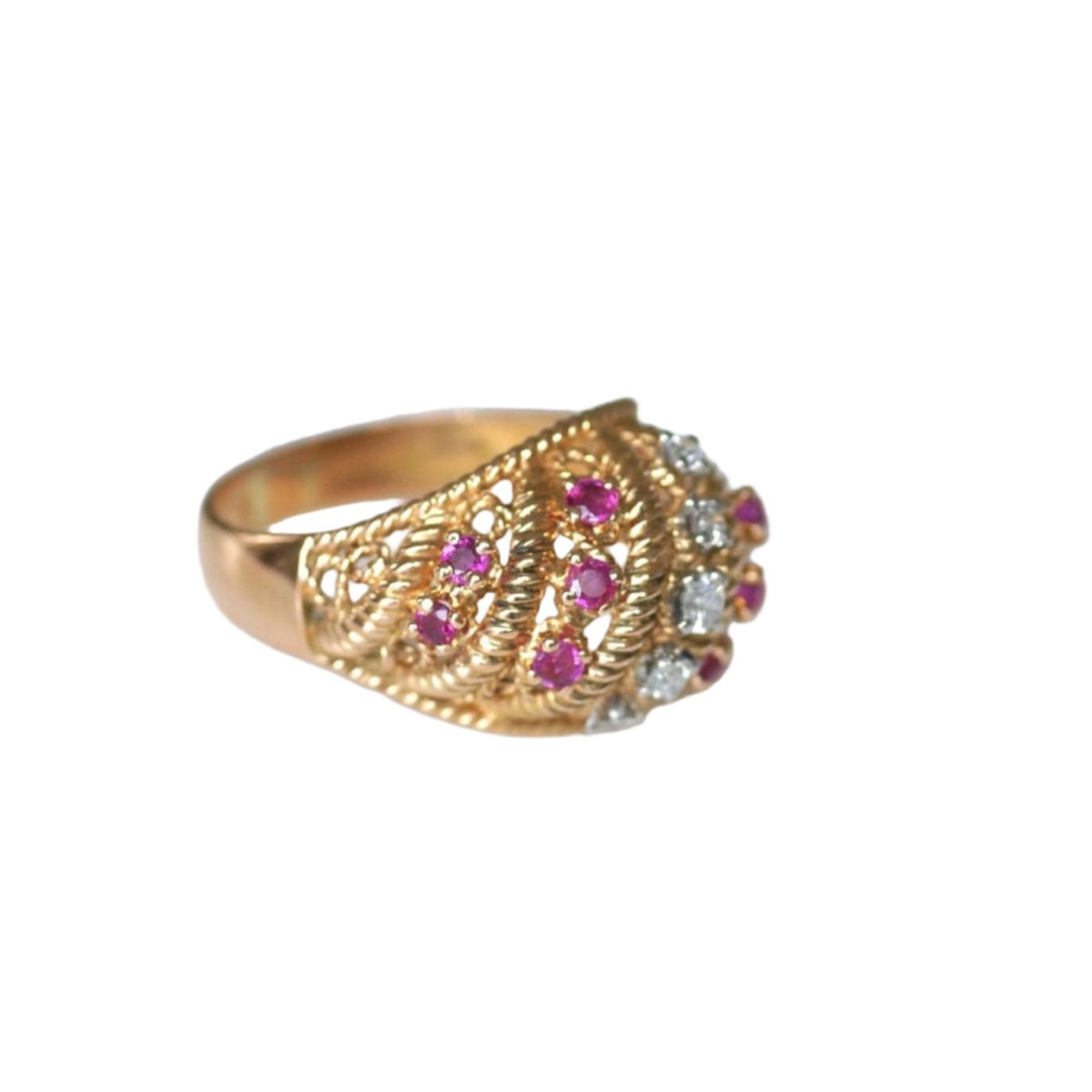 Bague Boule torsade en or jaune, rubis et diamants - Castafiore