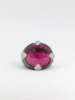 Bague boule vintage en or noir, tourmaline rose et diamants noirs et blancs - Castafiore