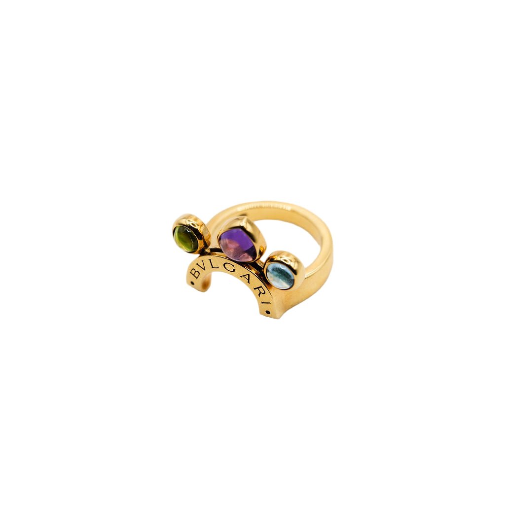 Bague BVLGARI "Allegra" en or jaune, améthyste, péridot et topaze bleue - Castafiore