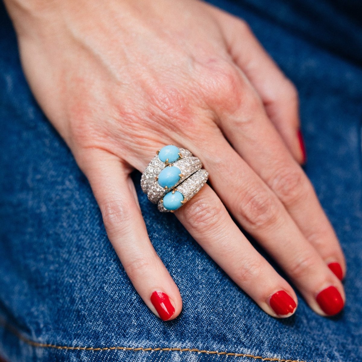 Bague CARTIER en or jaune turquoises et diamants - Castafiore
