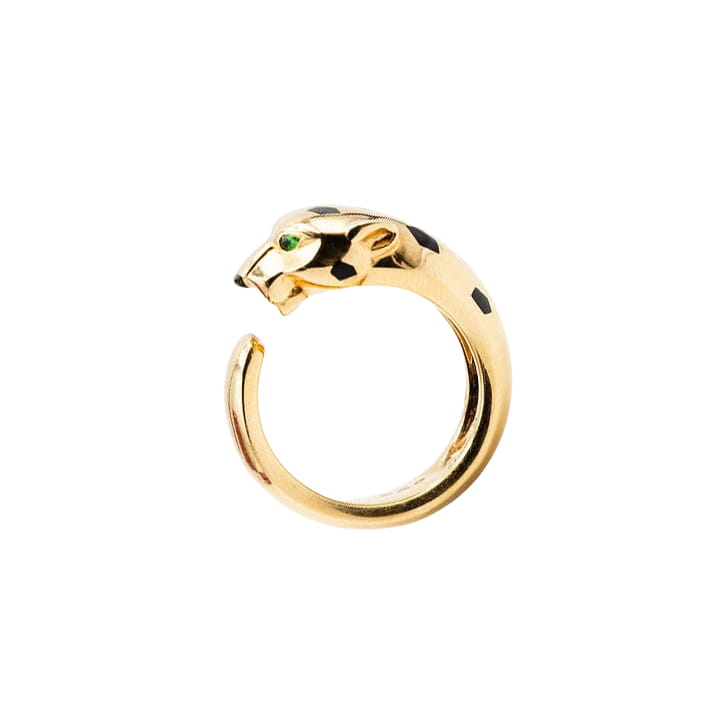 Bague CARTIER "Panthère de Cartier" MM en or jaune, grenats tsavorites, onyx et laque noire - Castafiore
