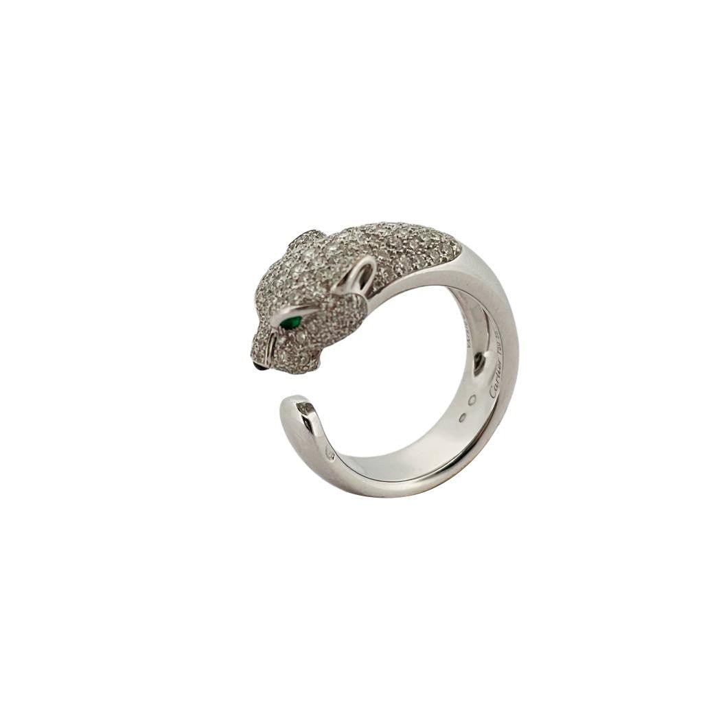 Bague Panthère CARTIER " Massai" en or blanc émeraudes, onyx et diamant