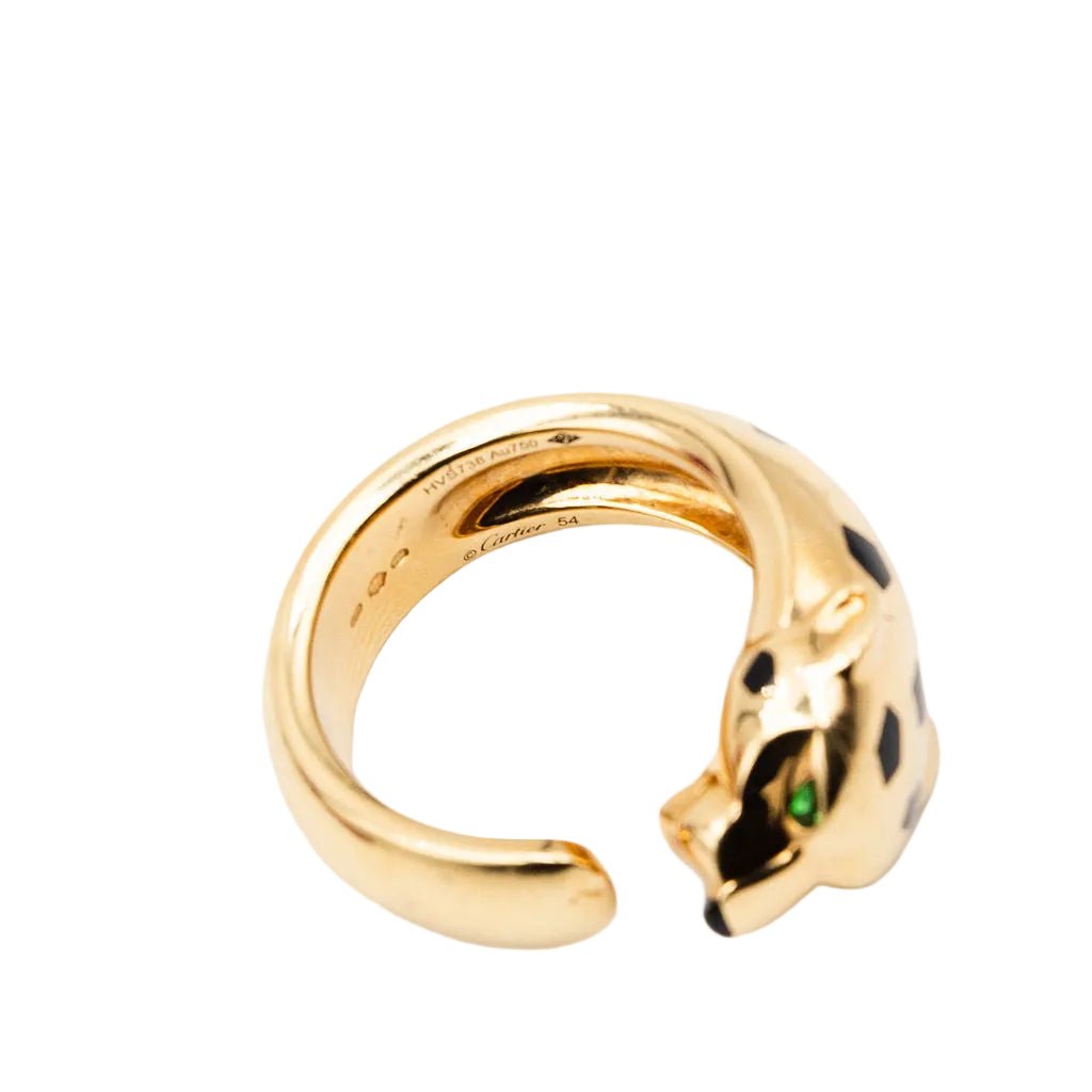 Bague CARTIER "Panthère" en or jaune, grenats tsavorites, onyx et laque noire - Castafiore