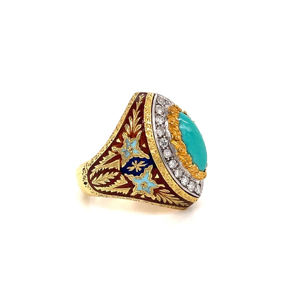 Bague Cazzaniga diamant turquoise émail or gravé - Castafiore