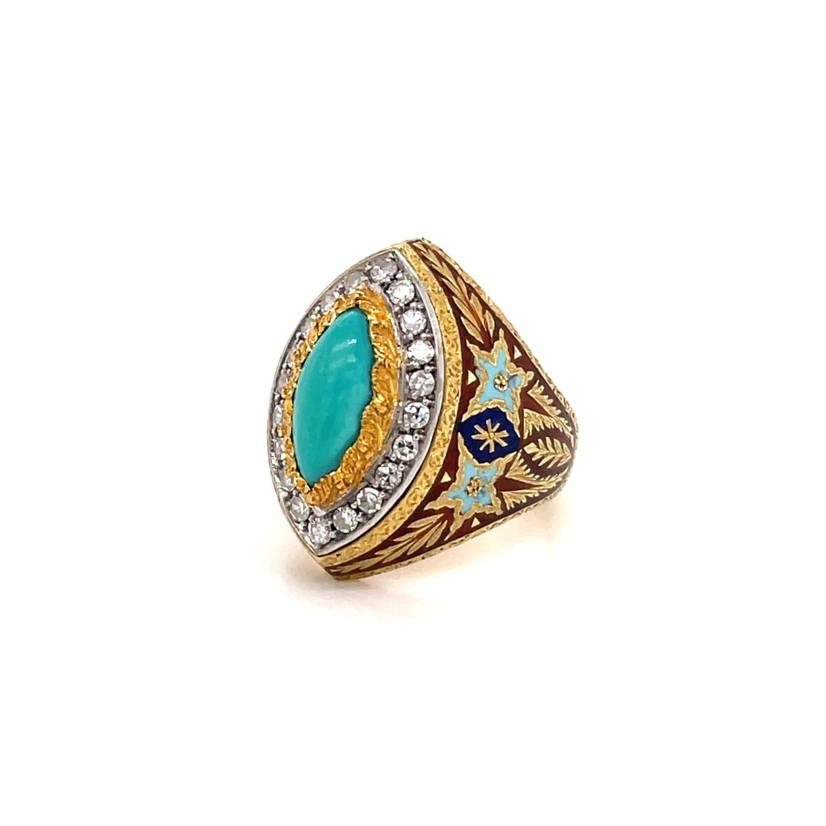 Bague Cazzaniga diamant turquoise émail or gravé - Castafiore