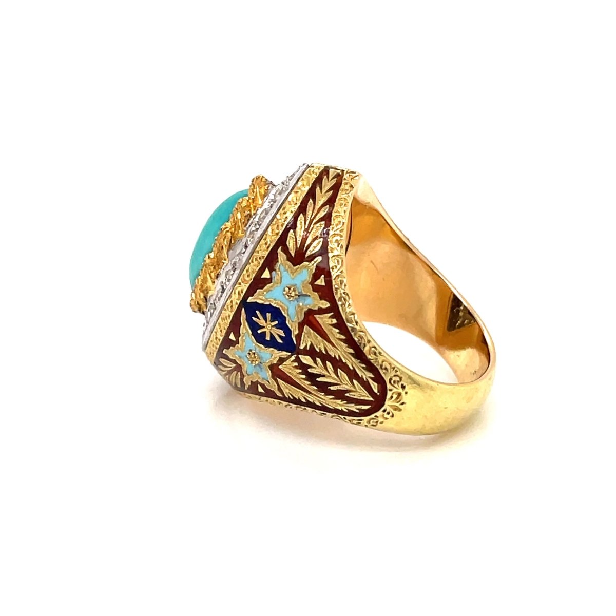 Bague Cazzaniga diamant turquoise émail or gravé - Castafiore