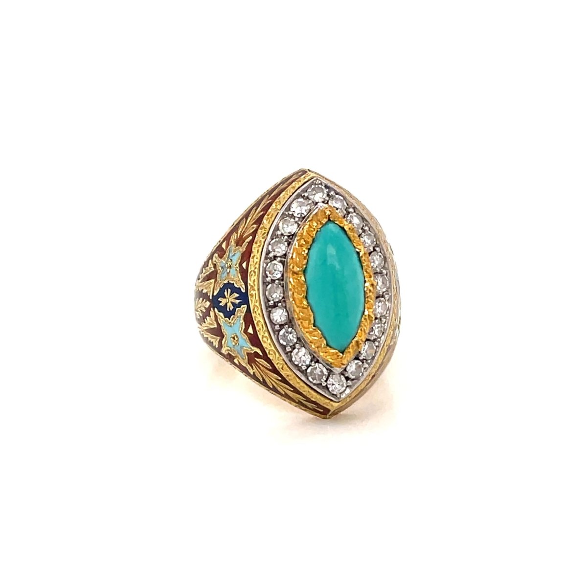 Bague Cazzaniga diamant turquoise émail or gravé - Castafiore